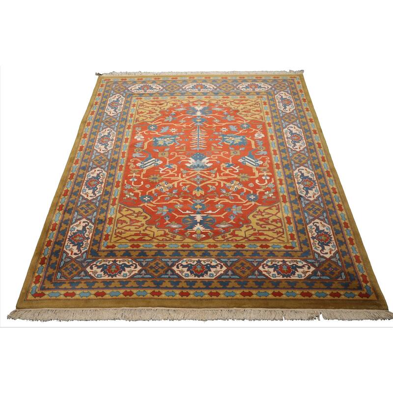7'11''x9'11'' Hand Knotted Wool Orange Heriz Traditional Area Rug - 7' 11'' x 9' 11''