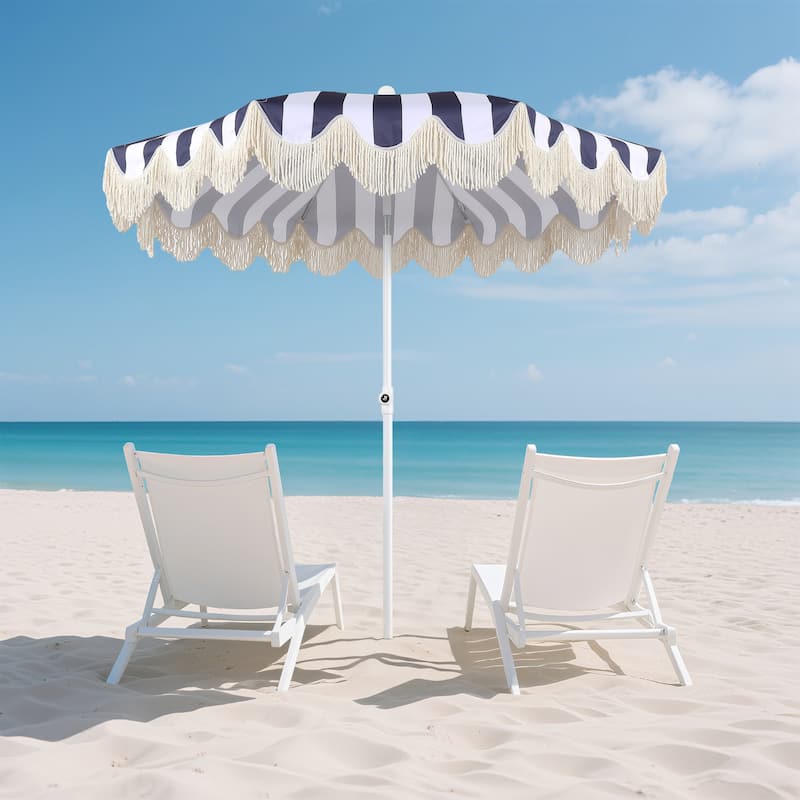 Mariner 6.5ft Classic Fringe Umbrella w/ Tilt & Bag - Navy/White, White Pole