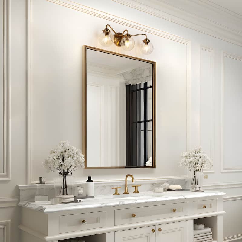 Modern Gold 3-Light Bathroom Vanity Lights Pumpkin Globe Glass Wall Sconces - 22"Lx6.8"Wx7.4"H