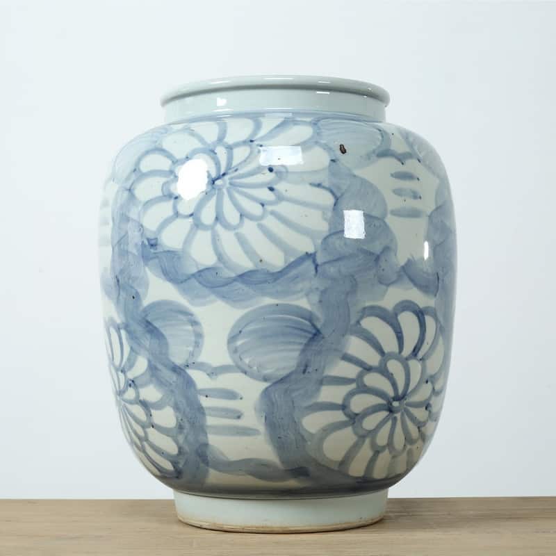 16" Tall Blue and White Vase with Flower Motifs