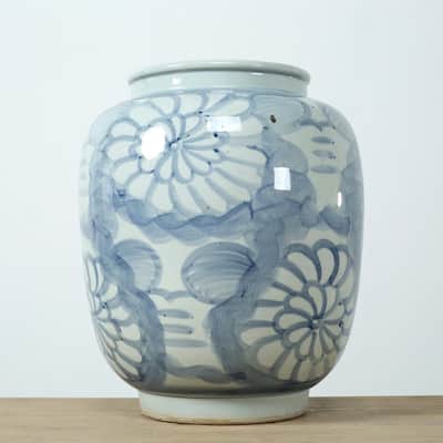 16" Tall Blue and White Vase with Flower Motifs