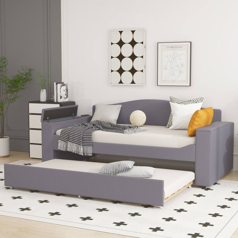 Sofa bed with storage arms, trundle bed and Bluetooth stereo