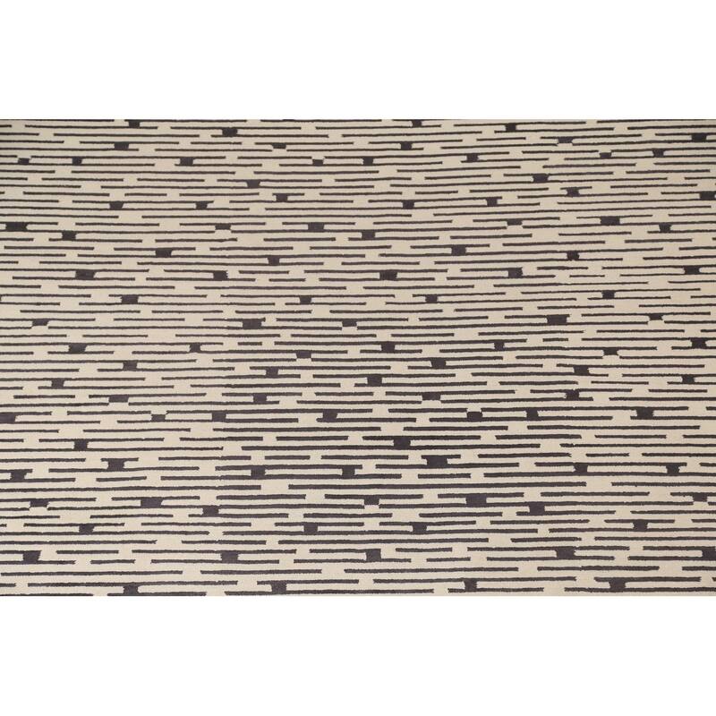 Striped Beige Nepalese Indian Area Rug Hand-Knotted Wool Carpet - 9'0" x 11'8"