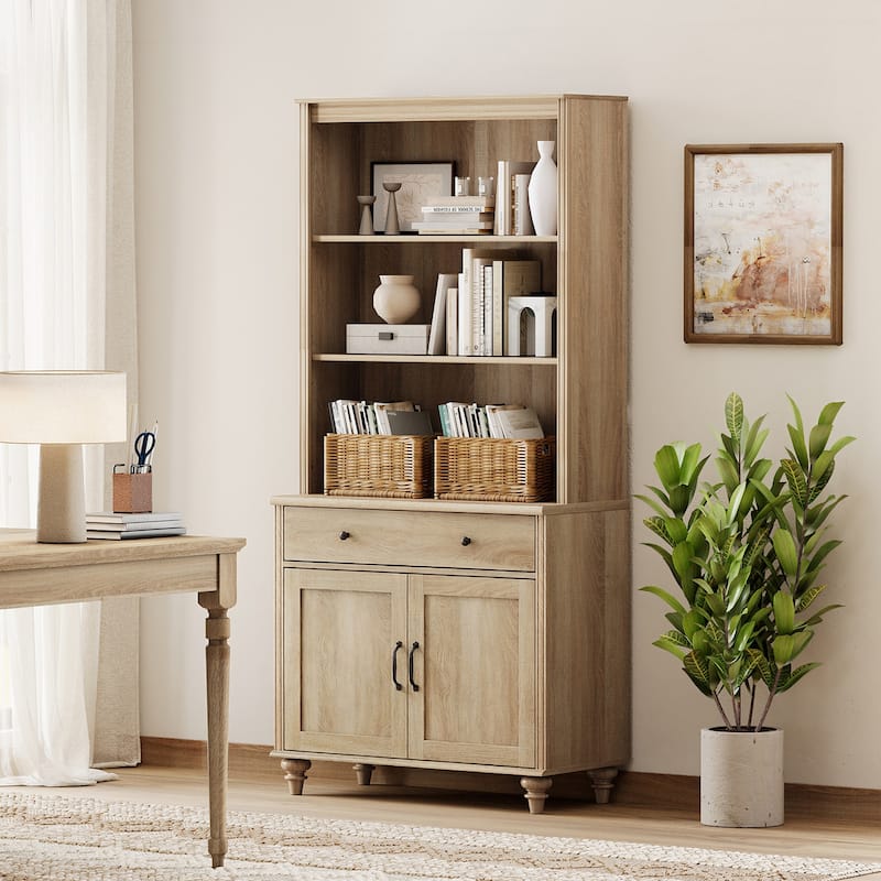 Oak Bookcase with Doors, Large Wood Farmhouse Book Case Shelf