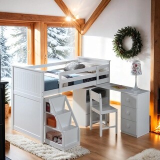Twin Loft Bed with Built-in Desk and Chest, White