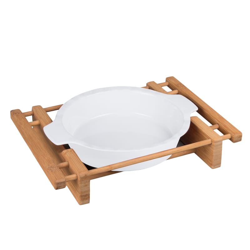 Creative Home Grand Buffet 10" Stoneware Baking Dish with Bamboo Serving Rack