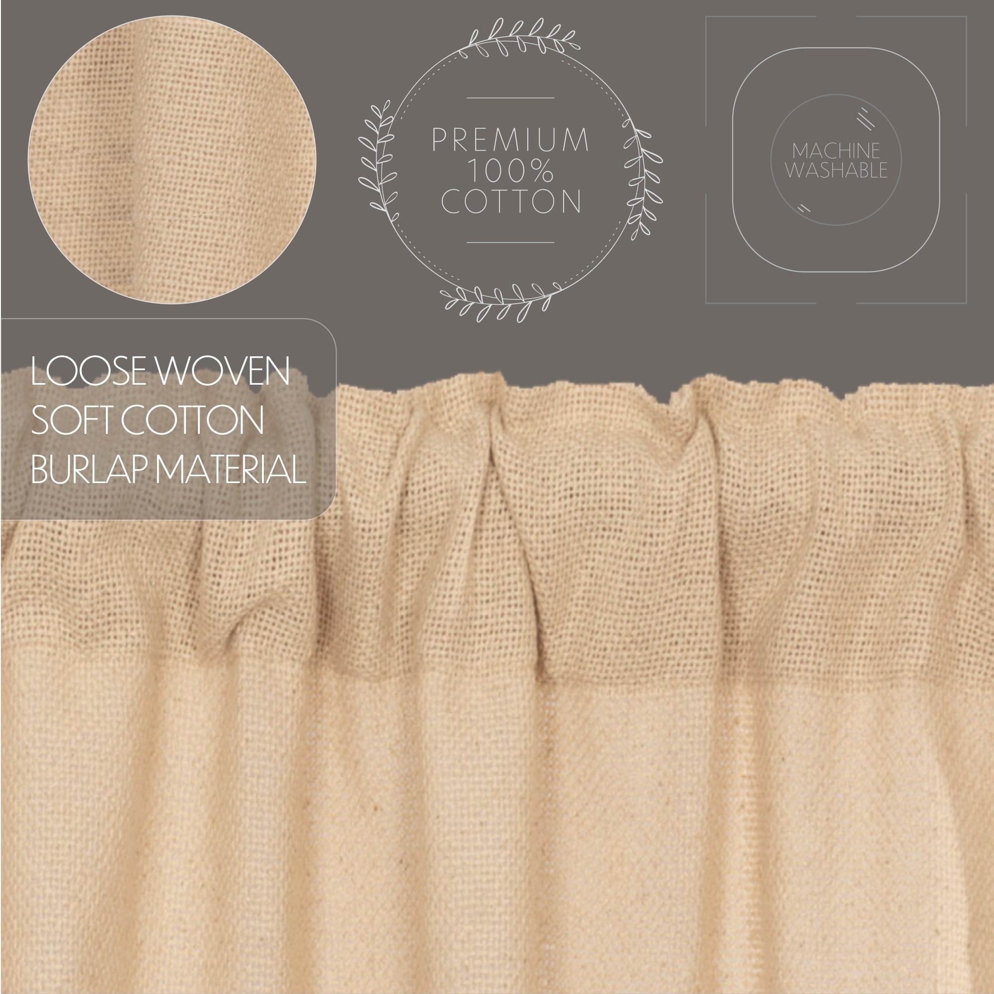 thumbnail image 2 of VHC Brands Farmhouse 63x36 Tan Burlap Look Curtain Panels (Pair) - 100% Cotton, Rod Pocket 2 of 2