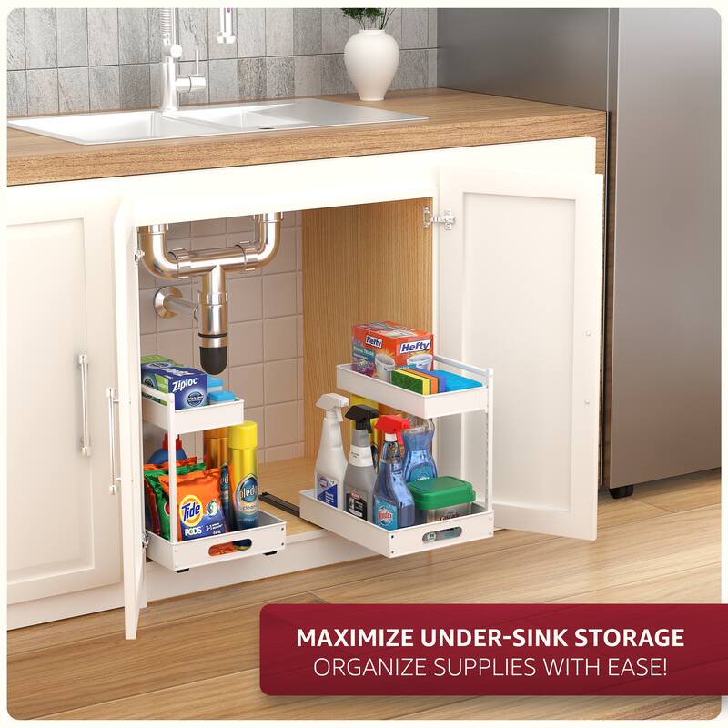Sorbus Under Sink Organizer with Sliding Tracks and Adhesive Tape, 2-Tier Metal Pull Out Storage Rack