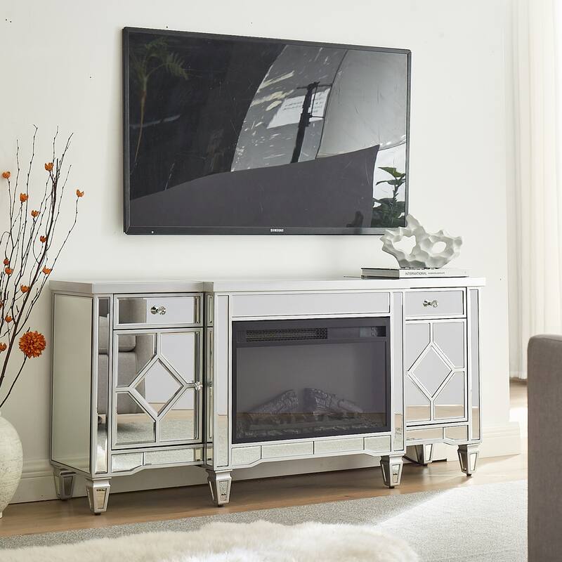 57" Silver Combination TV Stand & Electric Fireplace with High-Intensity LED Flames