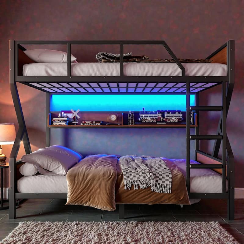 Metal Bunk Bed with Storage Shelves and LED Lights, Space Saving Noise Free Bunk Bed Frame with Guardrails