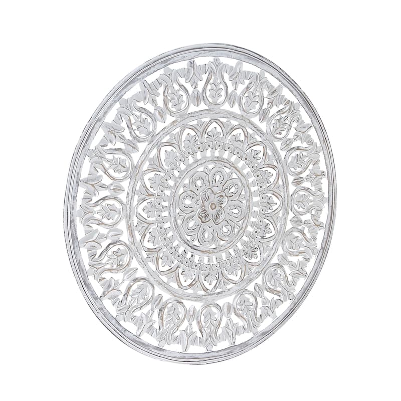 Wood Floral Handmade Intricately Carved Wall Decor with Mandala Design - White - Roche River Decor