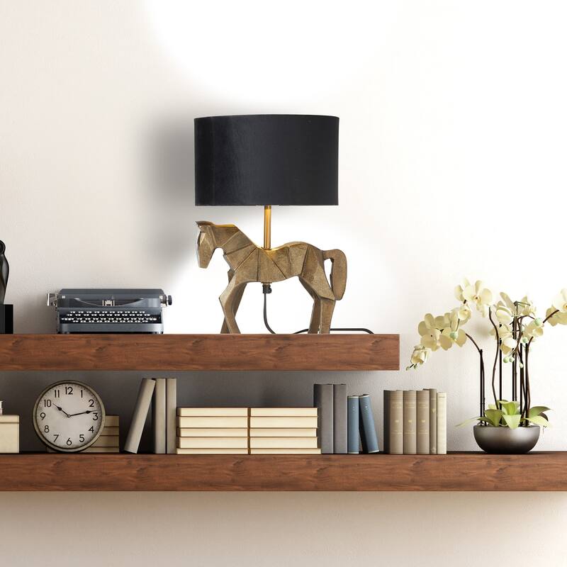 River of Goods 17.75-Inch Gold Origami Horse-Shaped Table Lamp with Black Fabric Drum Shade - 10.75" x 10.25" x 17.75"