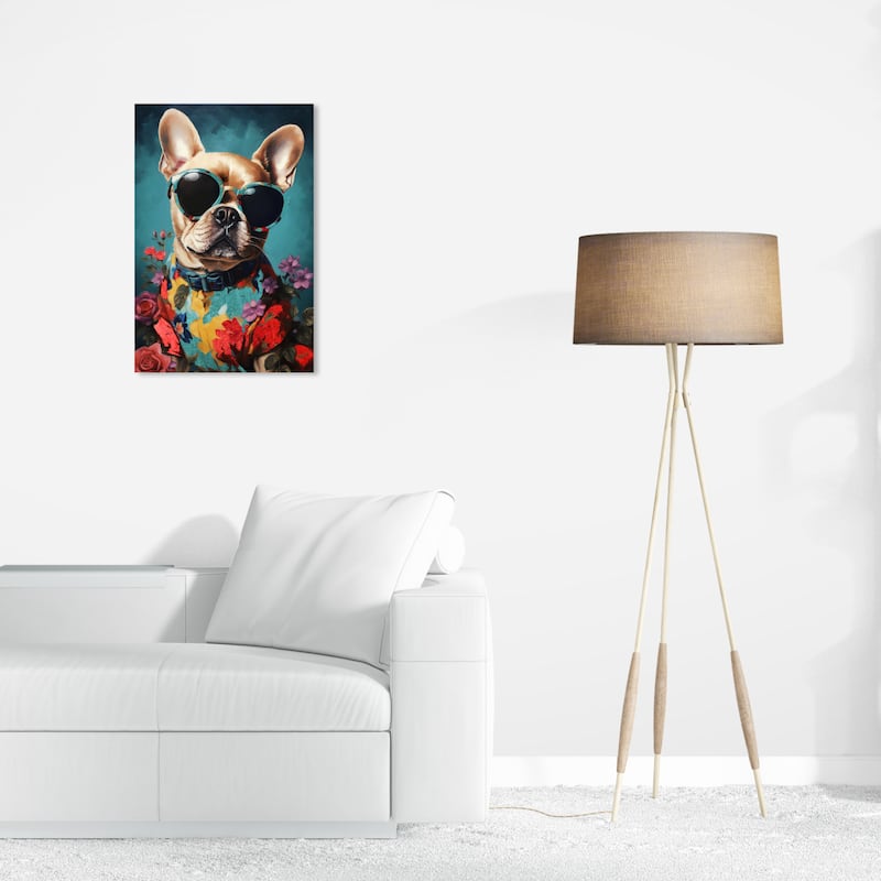 Wynwood Studio Canvas Animals Floral Shirt Pup Blue and Teal Traditional Wall Art Canvas Print - Blue, Red - 24 x 16