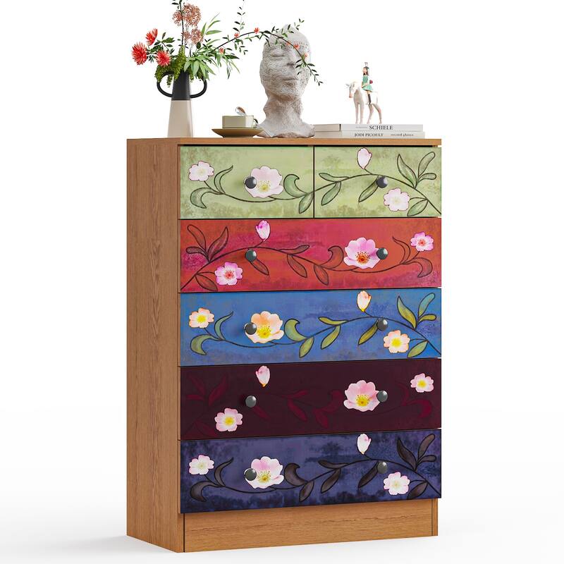 Brown 5-Layer 6-Drawer Printed Pattern Dresser P2 Grade Particle Board Storage for Bedroom, Living Room, or Home Office - Multi