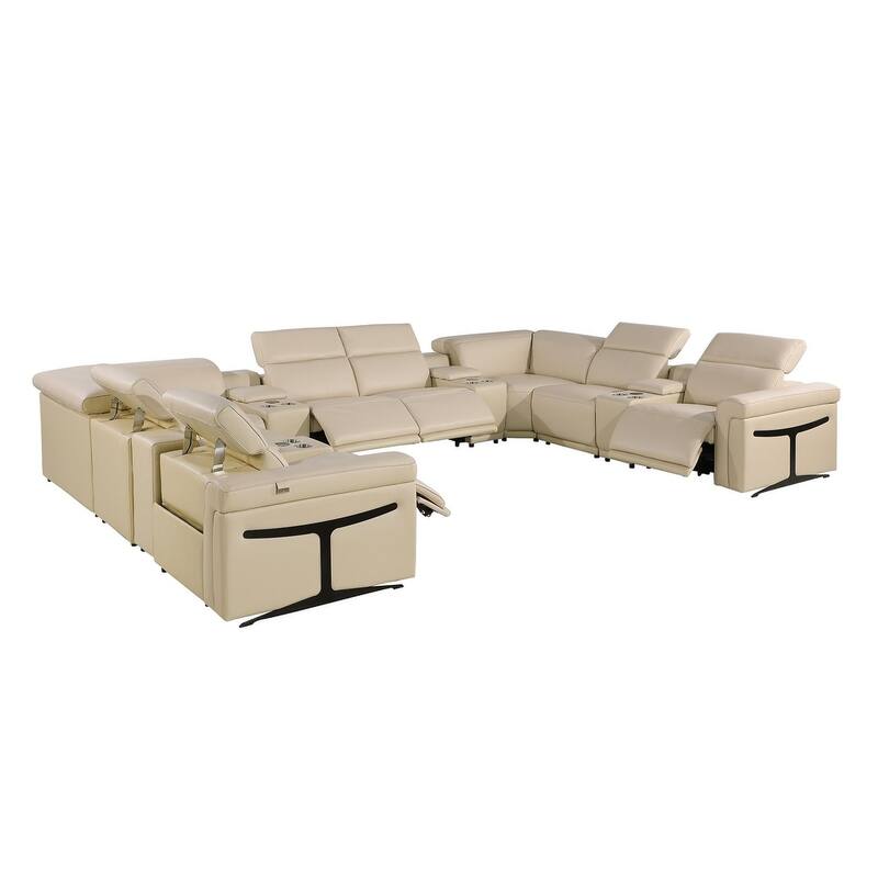 HomeRoots Beige Italian Leather Power Reclining U Shaped Twelve Piece Sectional With Console