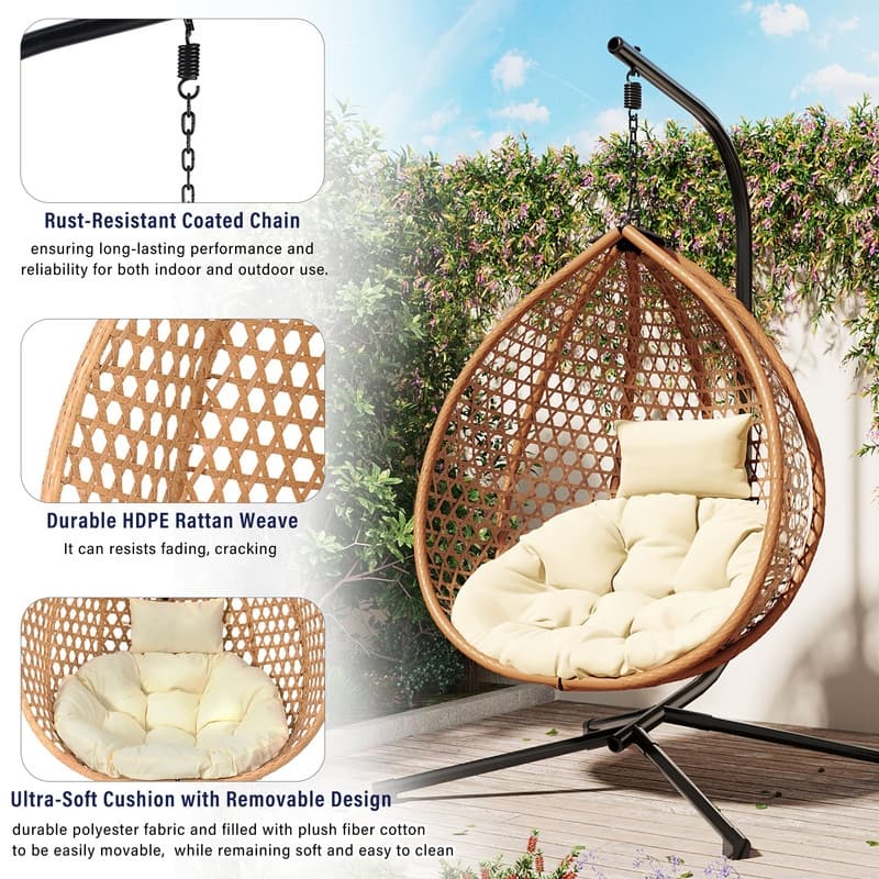 Hammock Chair with Stand, Indoor Outdoor Hanging Egg Chair with Removable Cushion