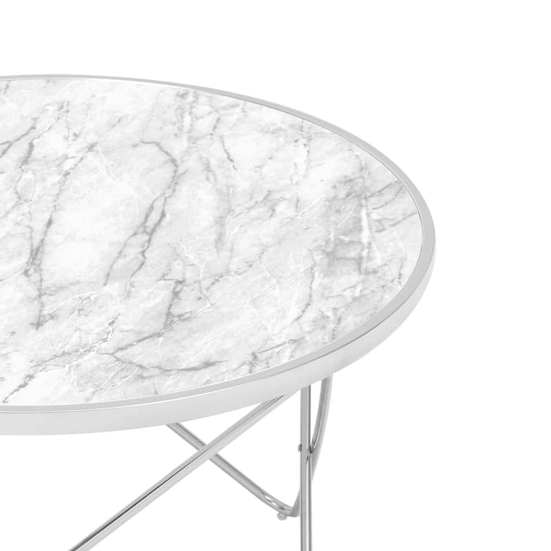 Teamson Home 32 in. Round Faux White Marble Coffee Table with Silver Metal Geometric Base, Small Modern Living Room Table