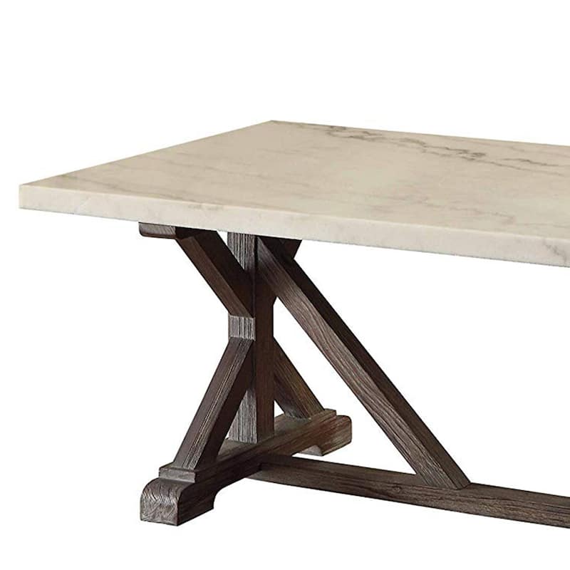 Marble Rectangle Shaped Coffee Table with Wooden Trestle Base, White and Espresso Brown