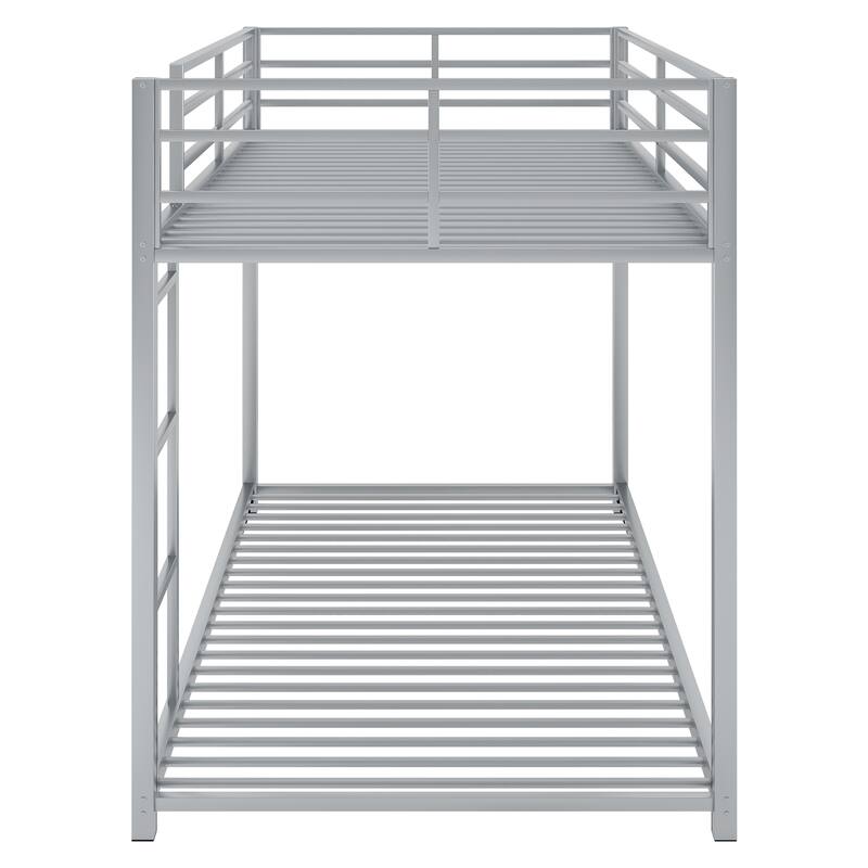 Twin/Full Size Metal Low Bunk Bed, Heavy Duty Steel Bunk Bed Frame with Built In Ladder and Guardrail