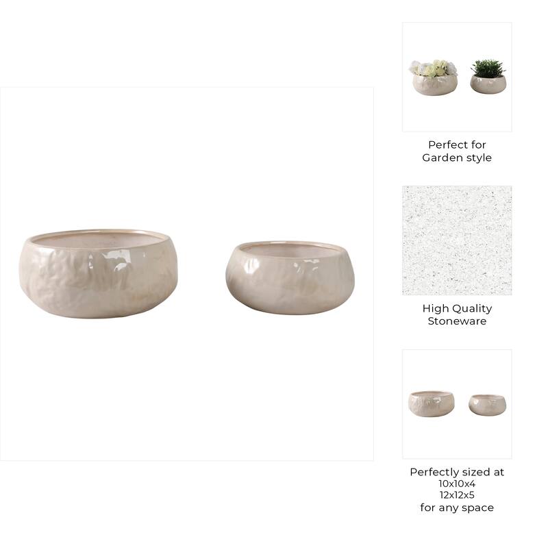 Stoneware Planters Modern Rounded Design and Texture Detail (Set of 2) - 12" x 12" x 5"