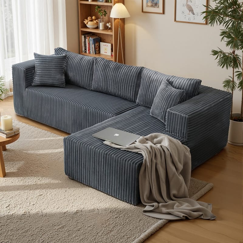 Modular Plush Sofa, All-Foam No Springs, Space-Saving for Living Room - Grey-Left Chaise