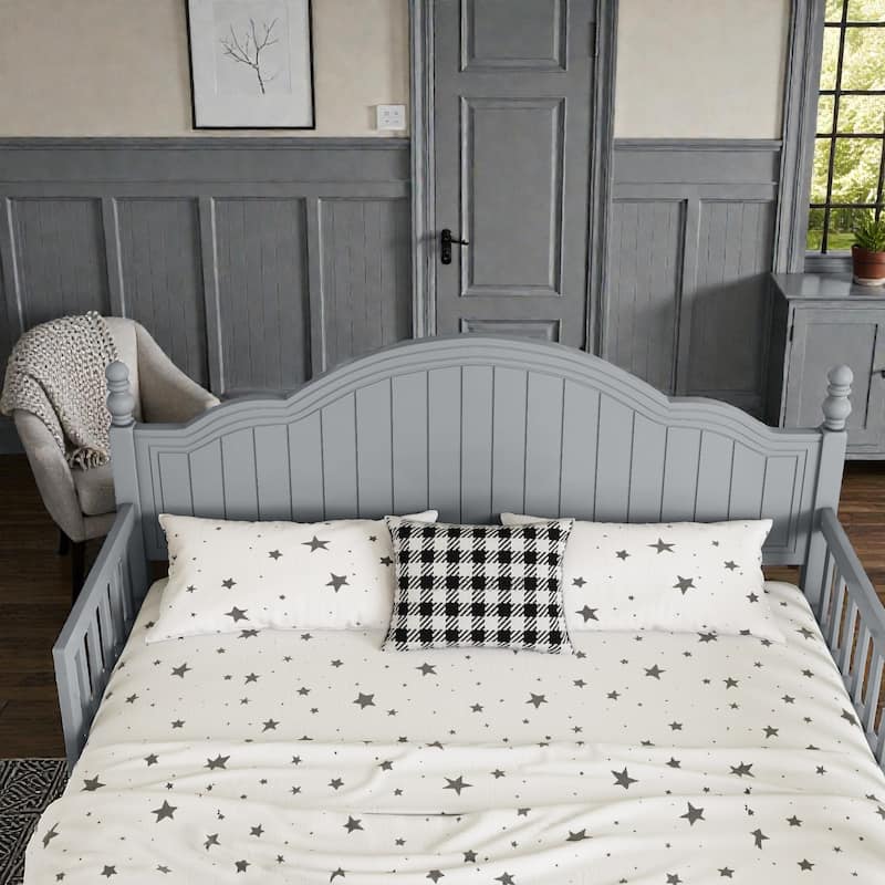 Kids Wooden Platform Bed with Safety Guardrails, Low Profile Bed with Headboard and Footboard