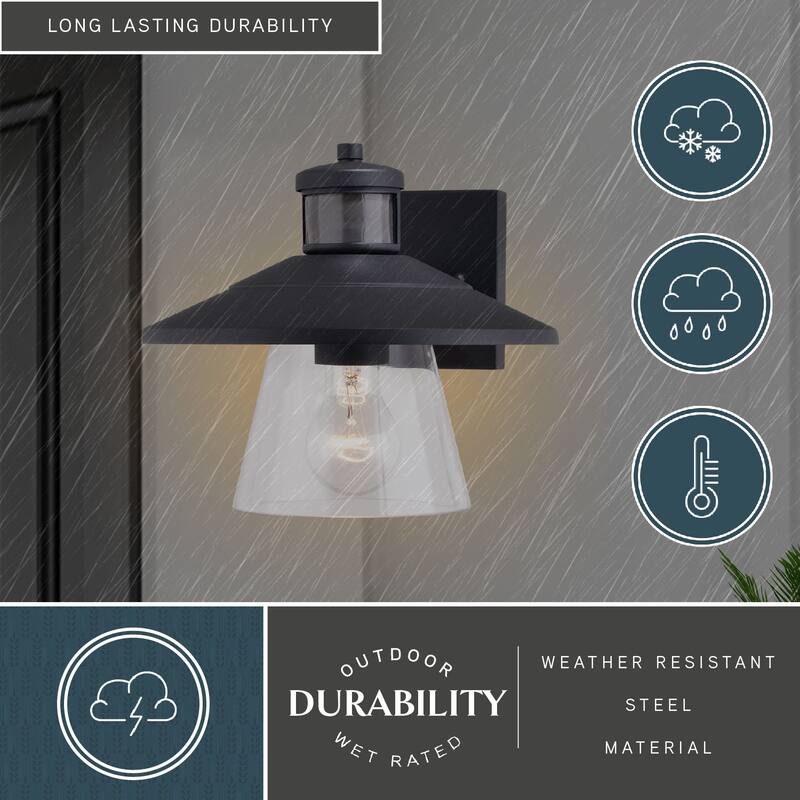 Westport Steel LED Compatible Black Motion Sensor Dusk to Dawn Outdoor Wall Light Coastal Clear Glass