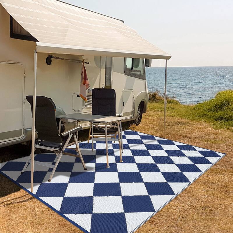 Outdoor Rug Waterproof Reversible Rug Plastic Straw Rug Checkered Floor Mat Outside Carpet for Camping RV Backyard Patio