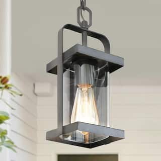 Modern Farmhouse Outdoor Patio lights Black Pendant Lighting Glass Shade Ceiling Light - Textured Black - L 6"x W 6"x H 12.5"