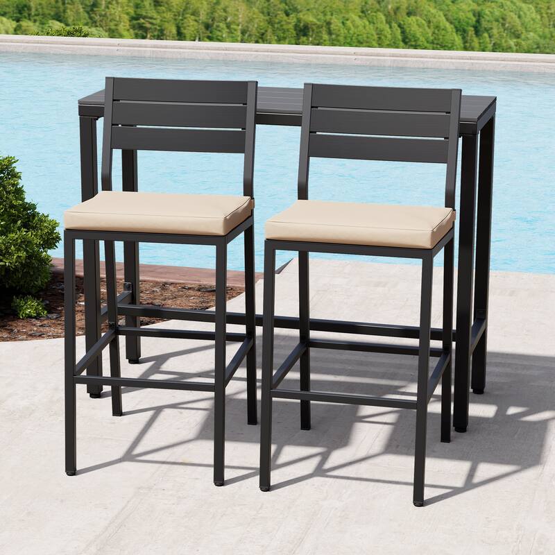 Outdoor Patio Bar Stools Set Rectangle Bar Table and Barstools with Cushion - N/A - Grey Table with Beige Cushion Chairs