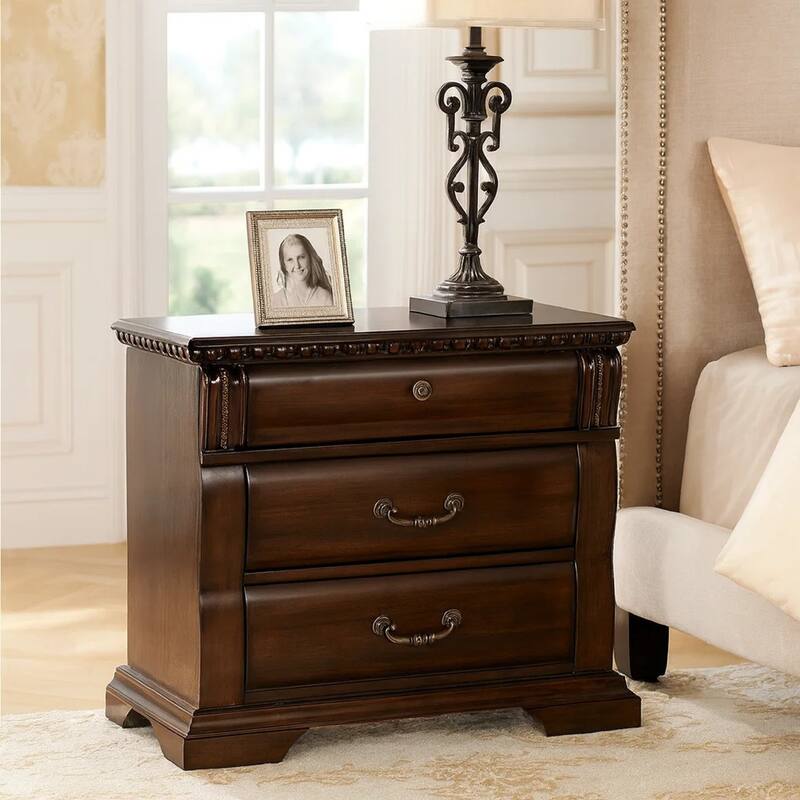 3 Drawer Wooden Nightstand with Metal Handles and Carved Details, Brown