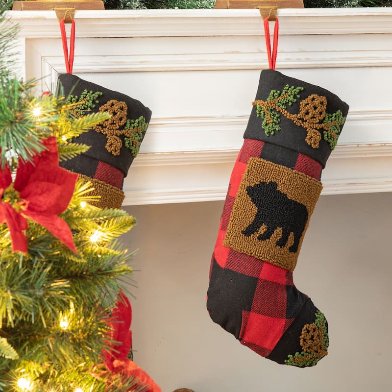Glitzhome 19"L Plaid Hooked Stocking Reindeer Bear