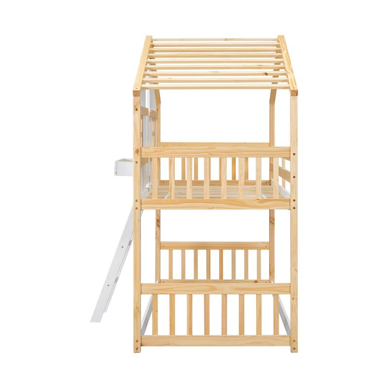 Twin over Twin House Bunk Bed with Roof ,Window,Window Box, Door,with Safety Guardrails and Ladder
