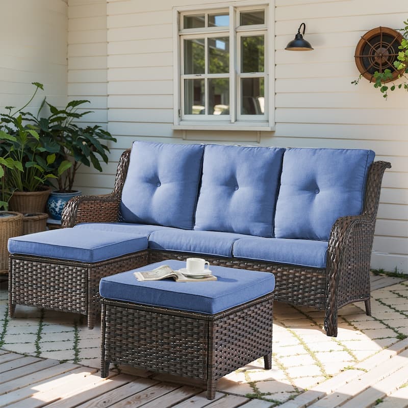 Gymojoy Patio Wicker 3-Seat Sofa with Ottoman - Brown - Blue