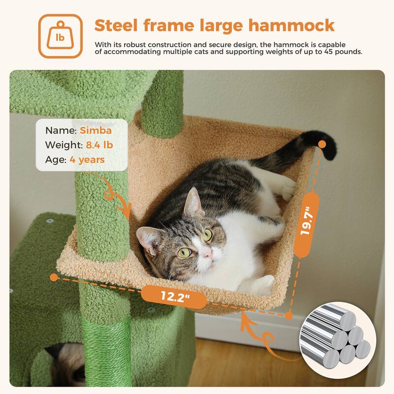 Multi-Level Indoor Large Cat Tree Scratching Post with 2 Perches, 2 Condos, Hammock and 2 Pompoms