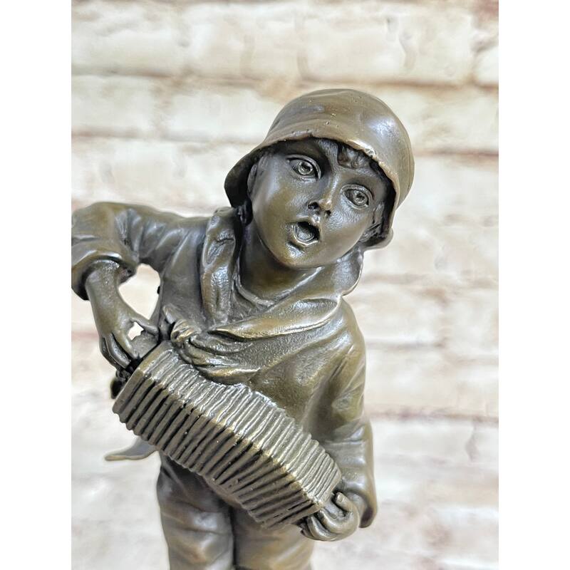 Child Boy Playing Accordion Bronze Statue Sculpture Figure 10 Inches X 4 Inches