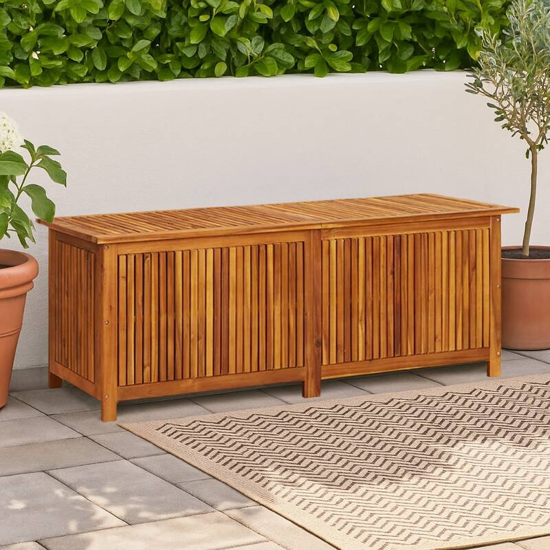 Outdoor Storage Chest with Inner Bag, Brown Solid Acacia Wood, 59 Inch