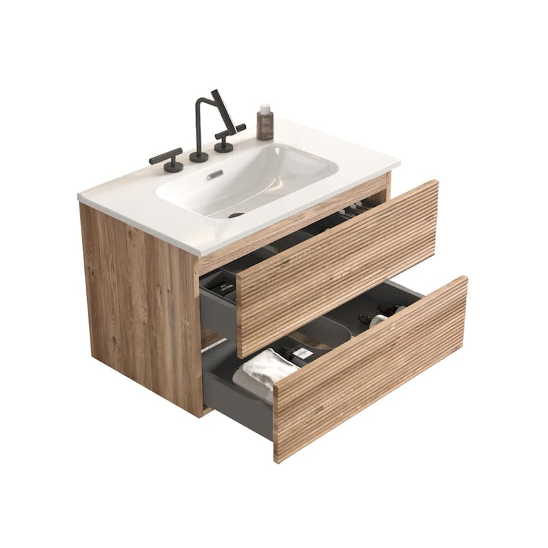 30" Wall-Mounted Bathroom Vanity with Integrated Ceramic Sink & Overflow, Large Storage Floating Cabinet