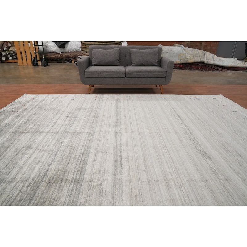 Hand Knotted Oriental Viscose Silk Carpet Tribal Animal Pictorial Greys & Charcoal Gabbeh Area Rug - 11' 10'' X 10' 2''