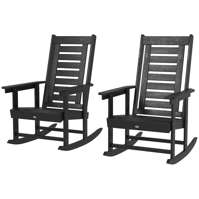 Set of 2 Outdoor HDPE Rocking Chairs with Slatted Back and Comfortable Armrests for Patio or Porch - 25.6" W x 35" D x 40.6" H