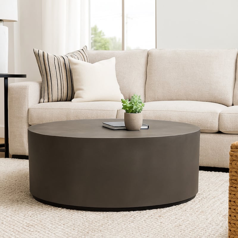 Viko Cocktail Coffee Table, 39 Inch Natural Cement Gray Round Body