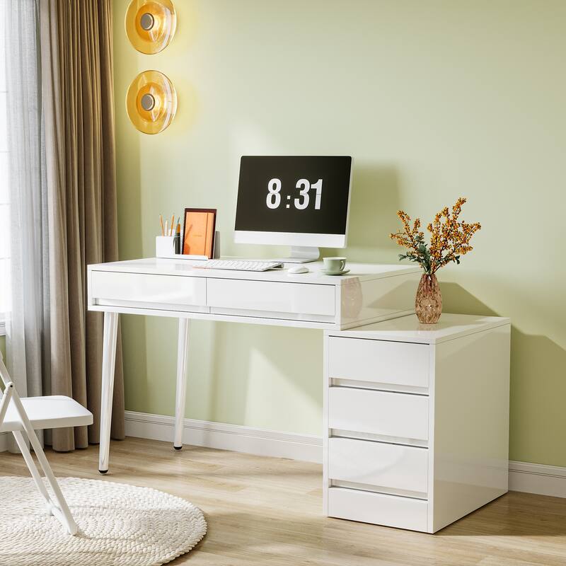 Reversible Computer Desk with Drawers, Modern Home Office Desk with Storage Drawers - White
