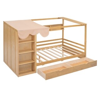 Full Size Storage House Bed with 2 Drawers, Wardrobe & Curtain,Natural