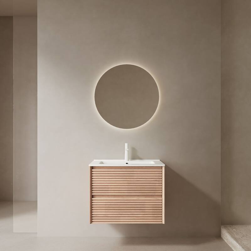 29" Bathroom Vanity with Premium Glossy White Ceramic Sink, Corolla Oak Grain Cabinet, Large Storage Drawers