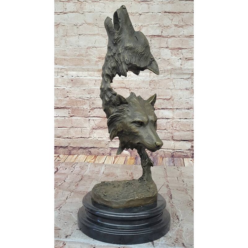 Howling Wolves Bronze Sculpture – Striking Dual Imitative Wolf Heads On Marble Base