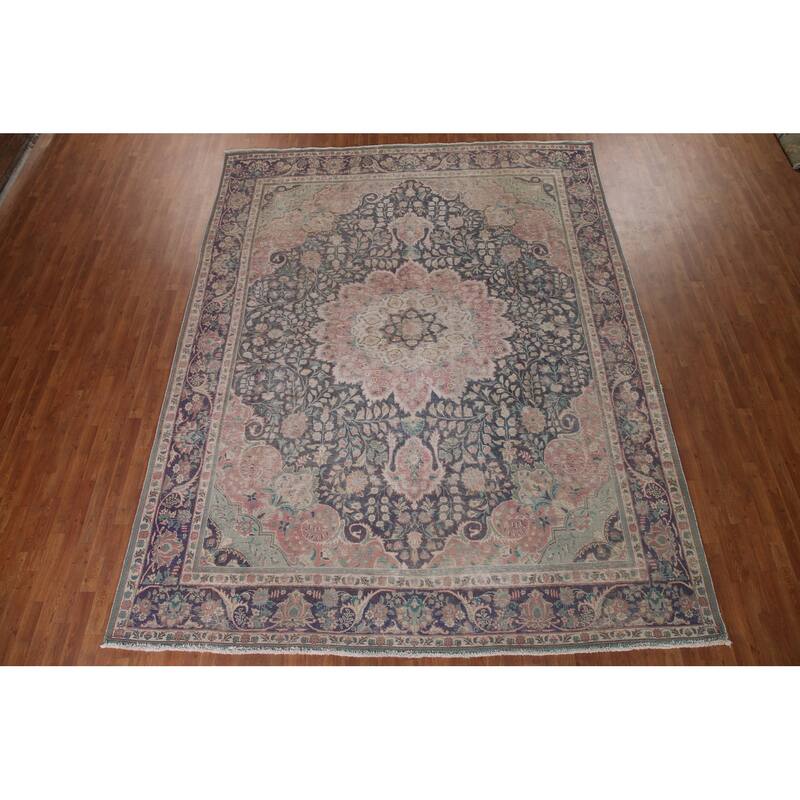 Distressed Tabriz Persian Antique Area Rug Handmade Wool Carpet - 9'9" x 12'8"