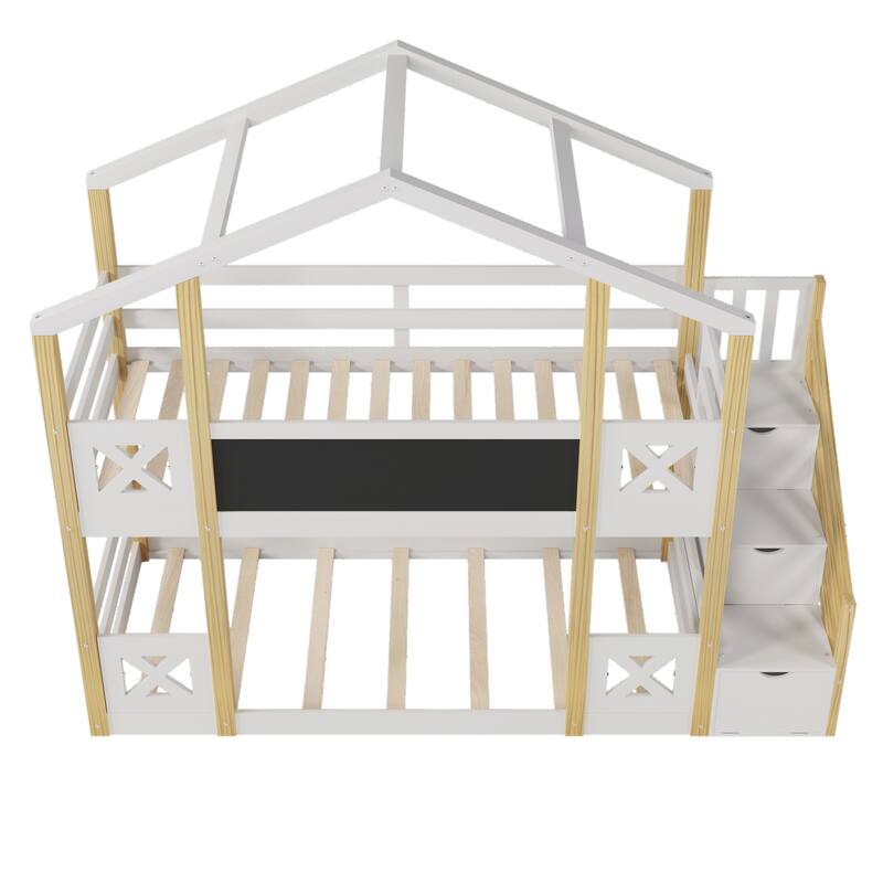 Twin Wood Bunk Bed with Blackboard, Storage Staircase, and Guardrails