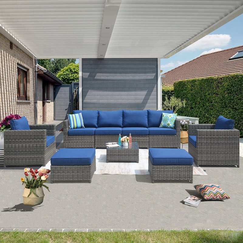 OVIOS Patio Furniture Deep Seat Wicker 9-piece Set - Navy Blue