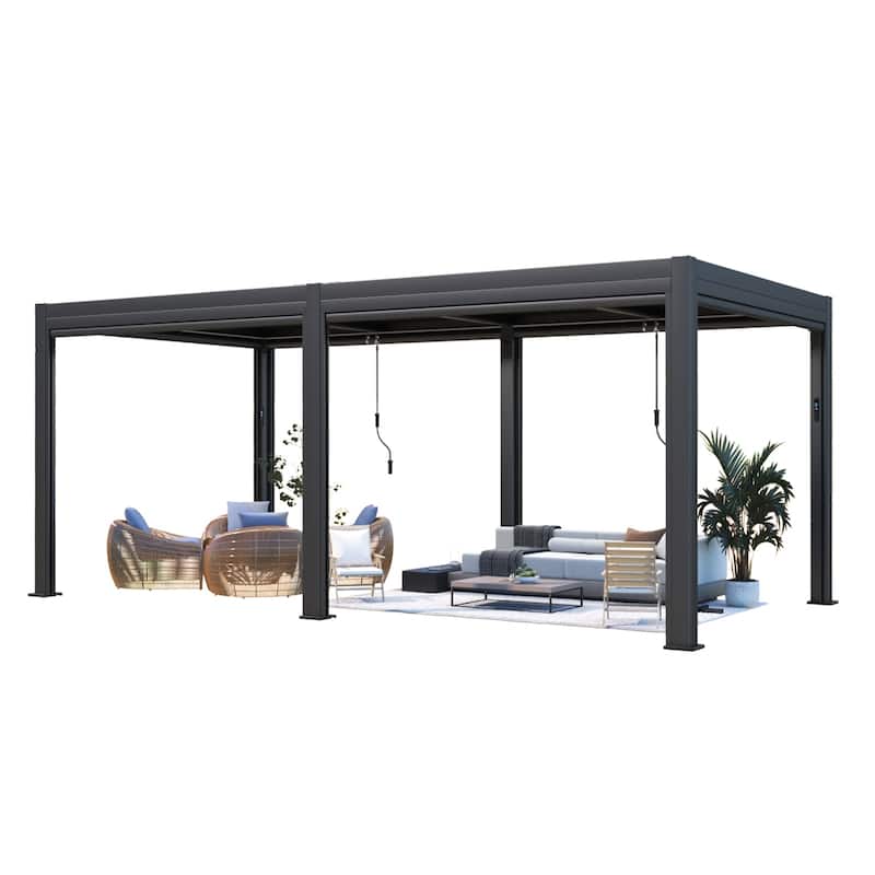 EROMMY Outdoor Louvered Pergola Gazebo with Adjustable Aluminum Rainproof Roof and Pull-Down Screen