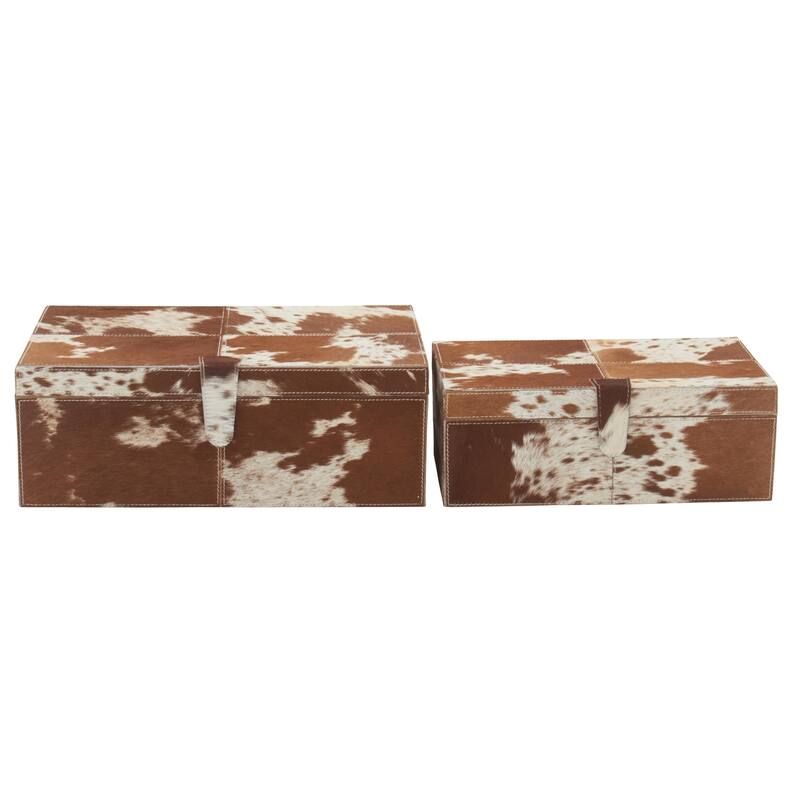 Leather Handmade Decorative Box with Hinged Lid - Set of 2 Gray, Brown, Dark Brown, Gold, Silver - Roche River Decor